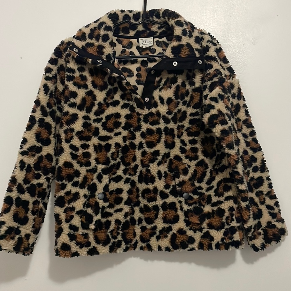 J. Crew Vintage Fleece Snap Button Leopard Pullover